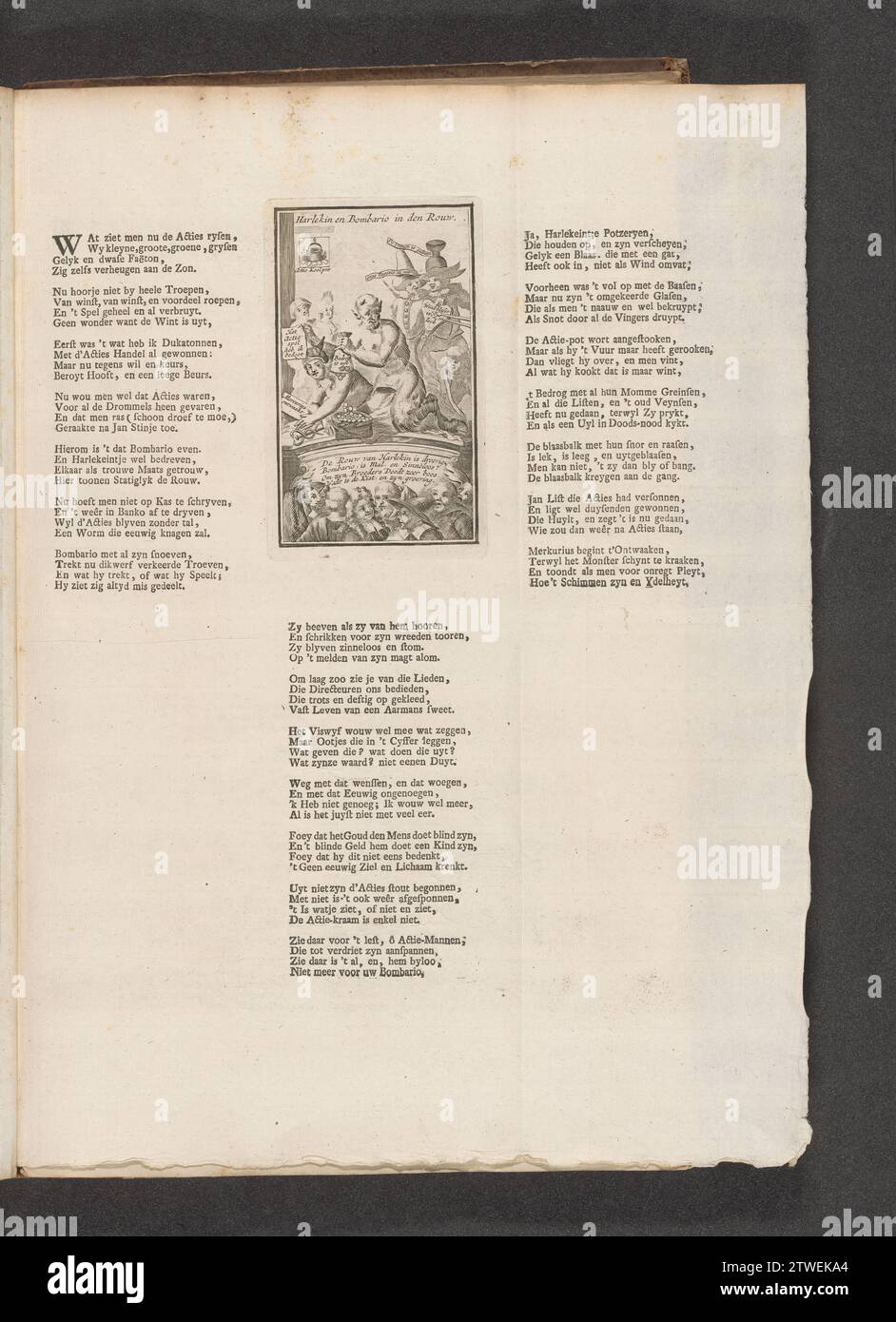 Mercurio sveglio, 1720, 1720 mercurio si risveglia sul pavimento, un diavolo con un sacco di soldi è seduto sulla schiena. Con il presente, vari astanti sulla fornitura e sul background. Sulla sinistra, l'insegna della locanda si chiama Action Koolpot. Nello spettacolo un verso di quattro righe e iscrizioni multiple in olandese. Stampato su una lamella più grande tra 3 versi ciascuno con 7 giunti di 4 linee. Stampa nella quarta edizione rilegata (304 B 12) della grande scena della follia con cartoni animati sul commercio eolico o sul commercio d'azione del 1720. Incisione/stampa su carta nei Paesi Bassi del Nord, mercurio si risveglia sul pavimento, a Foto Stock