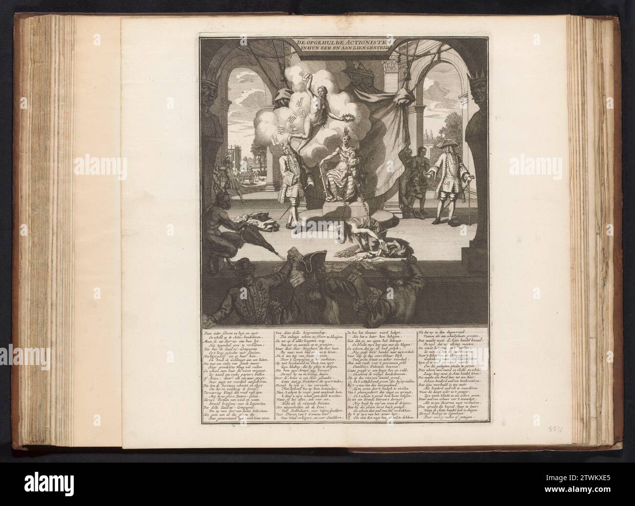 La South Sea Company con l'avidità su una catena, 1720, 1720 Teatro sul quale le personificazioni della South Sea compagnie e dei credenti di Liche sono sul trono e mantengono l'avidità su una catena. Goldness mangia le tue monete e distribuisce azioni di carta. In primo piano e ai lati commercianti di vento, tra le nuvole, fortuna si disperde di carte. Con didascalia in quattro colonne. Stampa in The Bound prima edizione (304 B 11) della grande scena di follia con cartoni animati sul commercio eolico o di azione del 1720. Teatro di incisione della carta dei Paesi Bassi del Nord su cui le personificazioni del South Sea Compagn Foto Stock