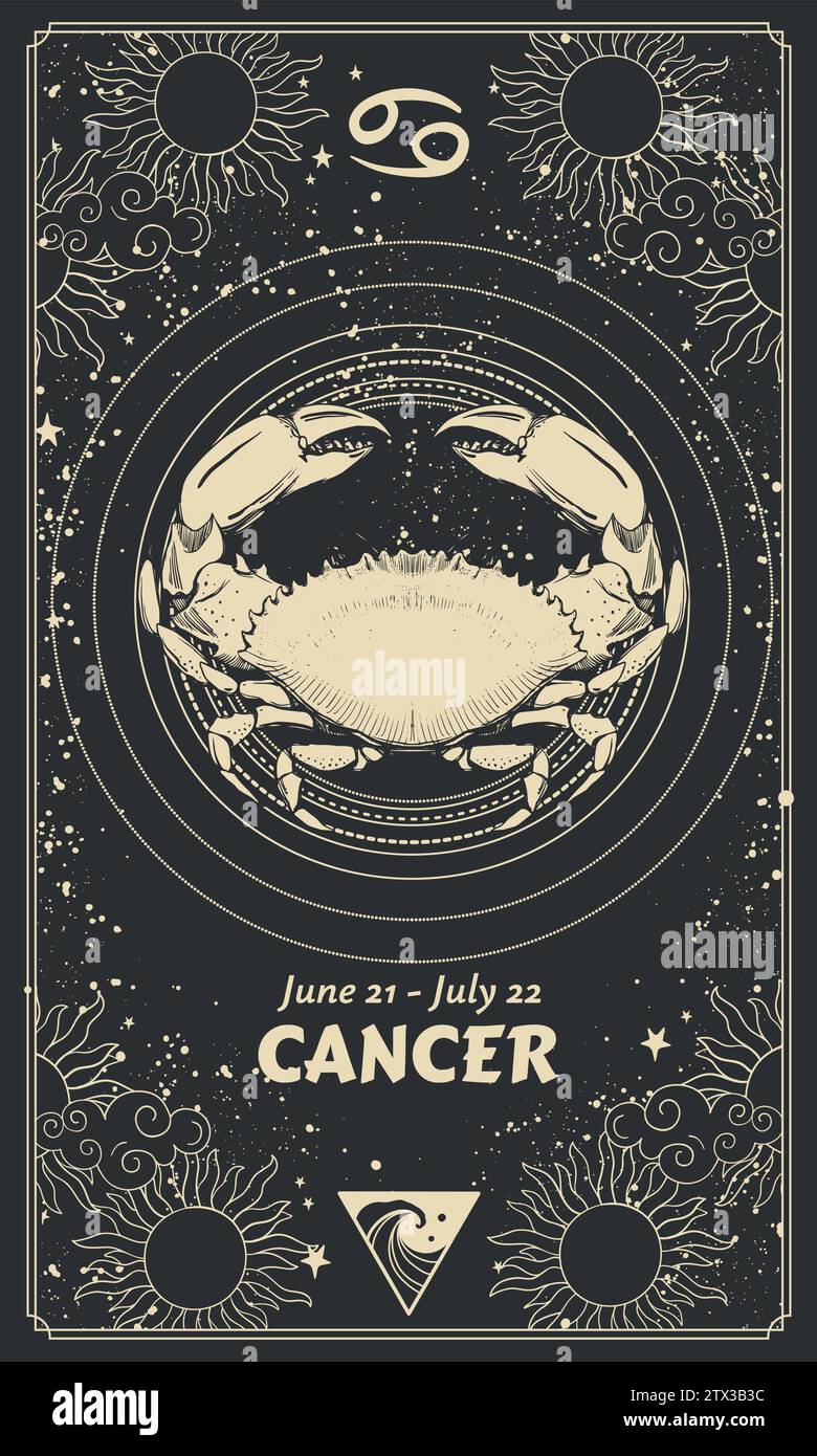 Segno zodiacale cancro, carta astrologica moderna con simboli, sfondo nero stellato mistico. Disegno vettoriale realistico di una mano, scheda oroscopo Illustrazione Vettoriale