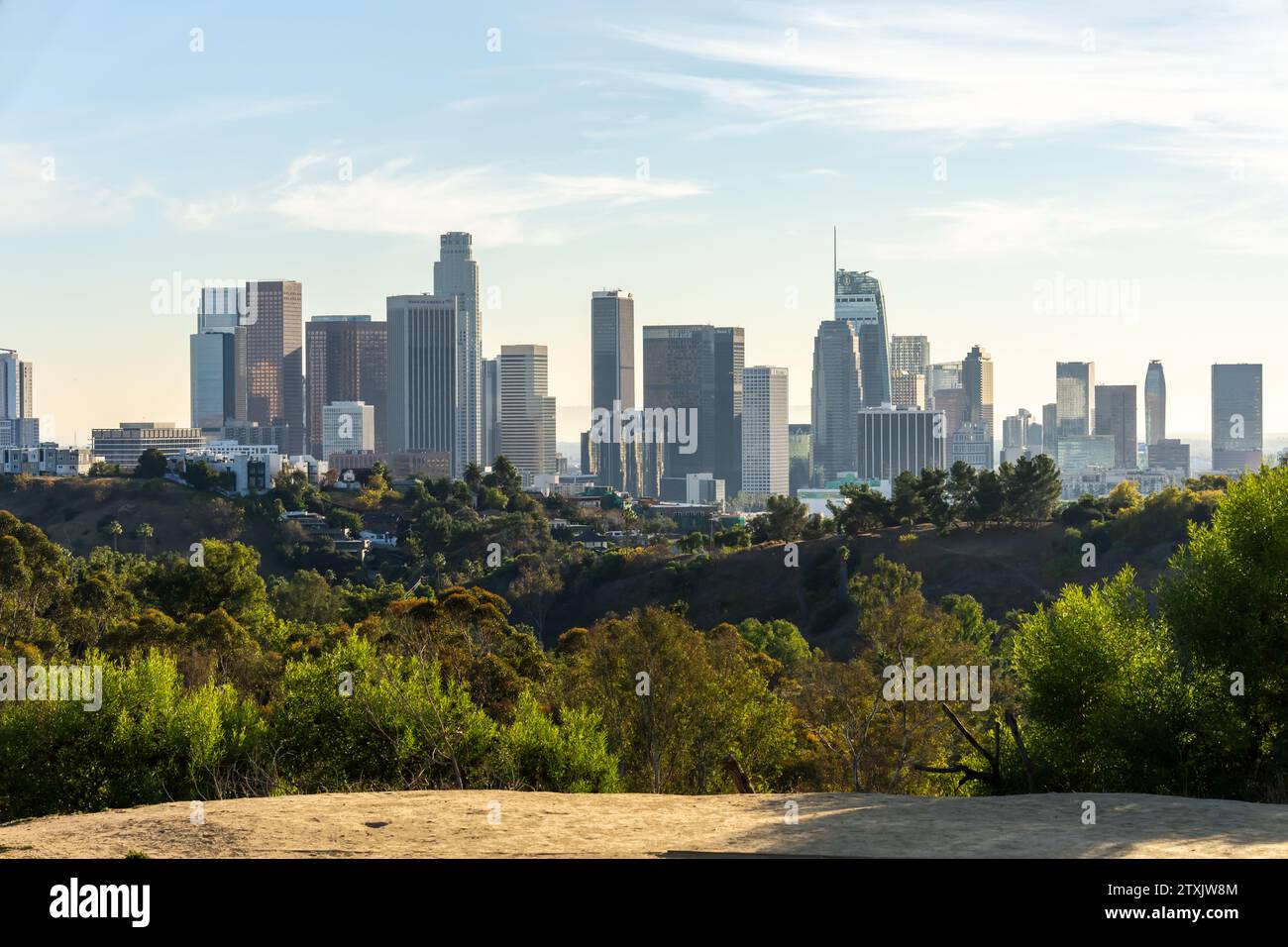 Sedia con graffiti affacciata sullo skyline di Los Angeles Foto Stock