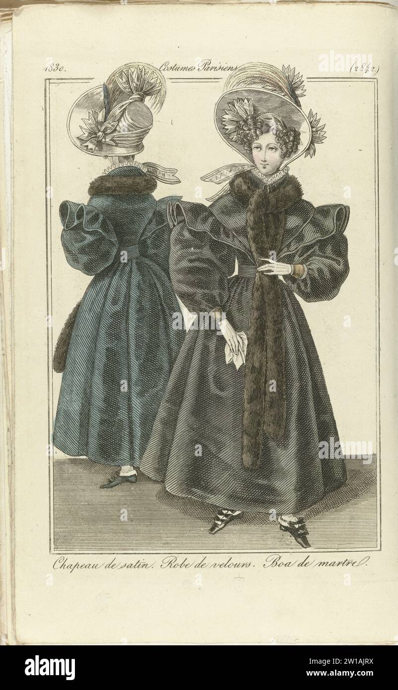 Journal des Dames et des Modes 1830, costumi parigini (2842), cappello in raso 1830. Vestito in velluto. Boa de Marte. Cappello satinato con incisione di carta. Vestito in velluto. Boa de Marte. incisione della carta Foto Stock