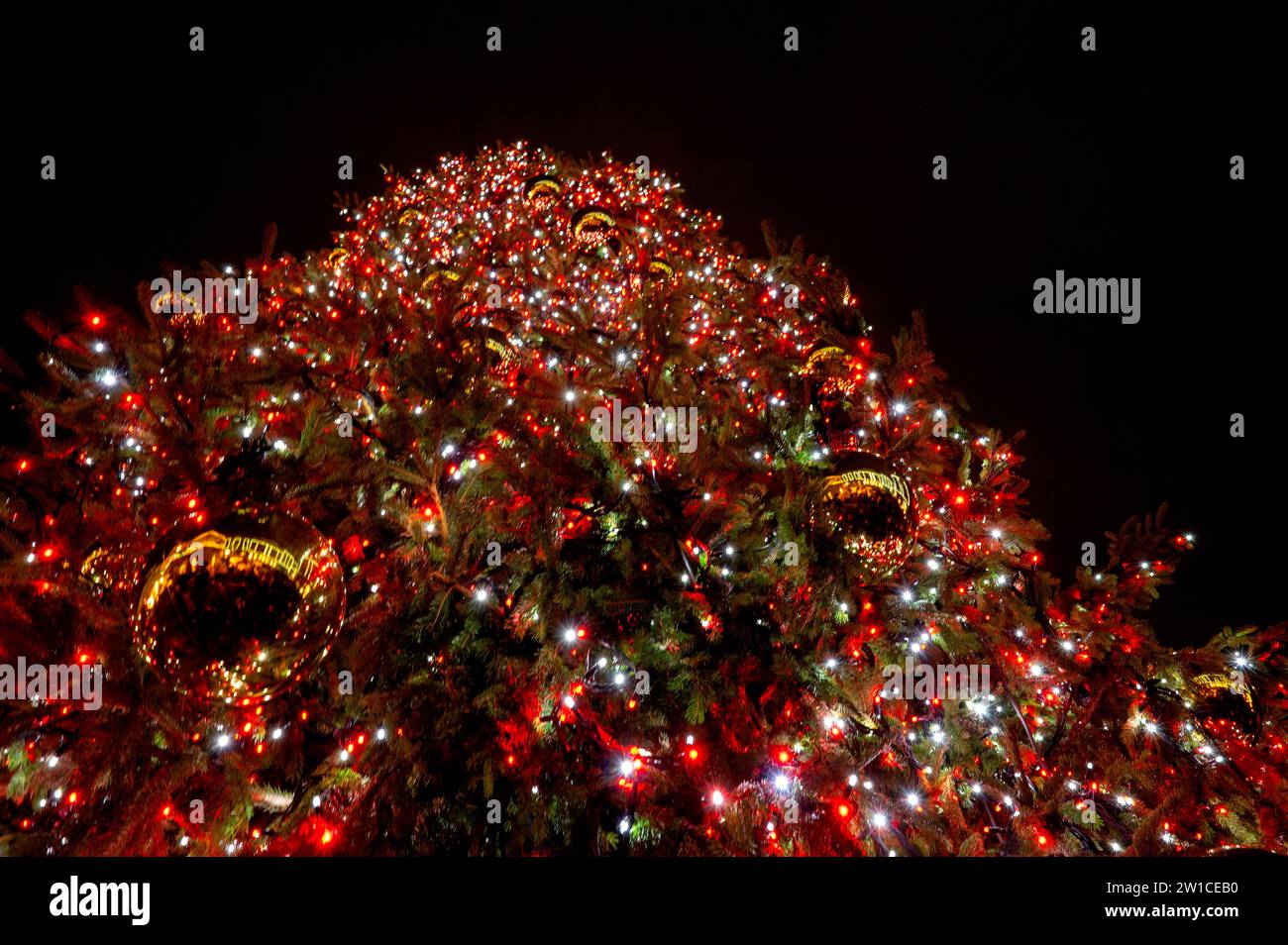 Luci e decorazioni per alberi di Natale al Covent Garden di Londra Foto Stock