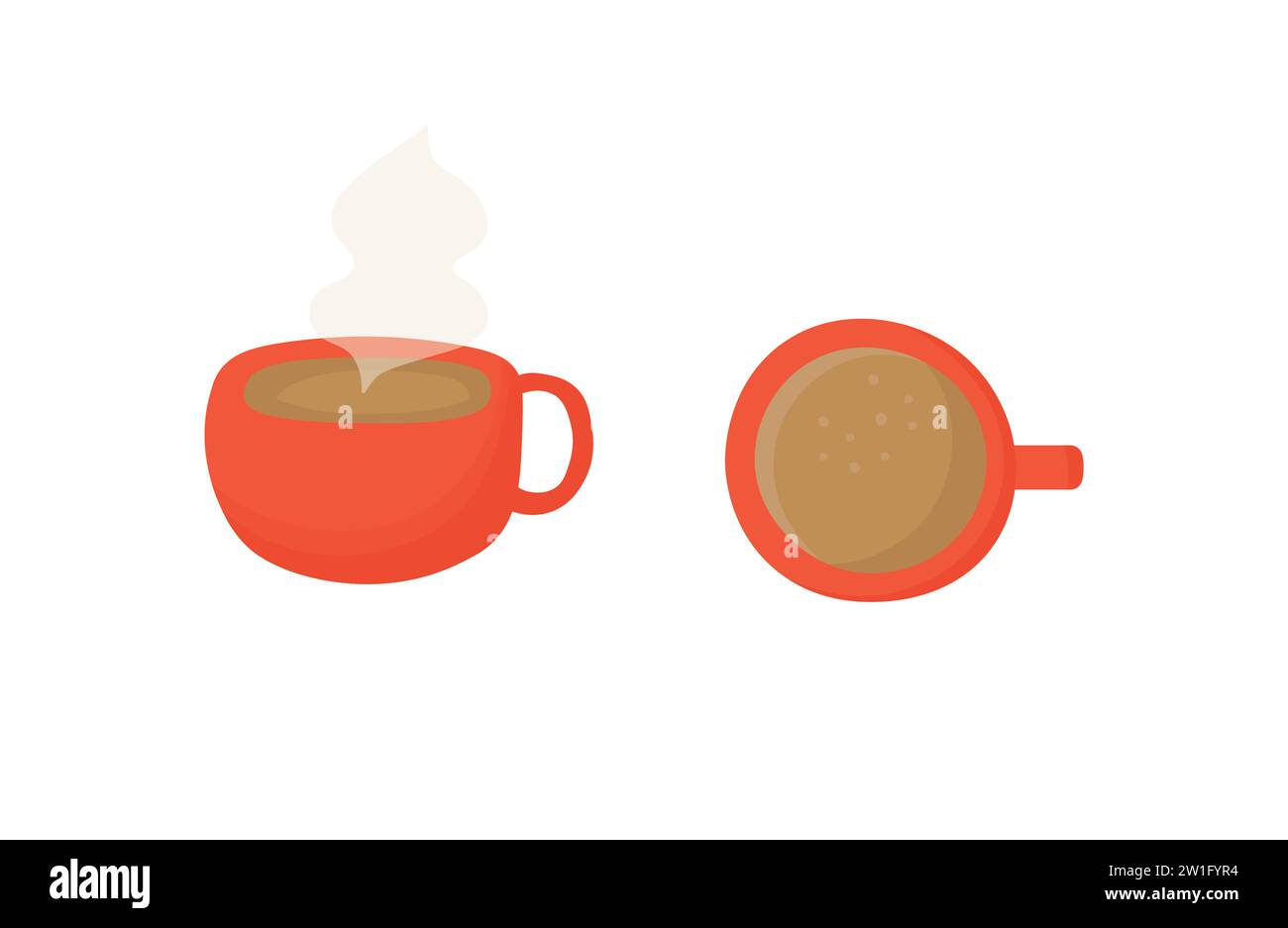 Gustose illustrazioni di caffè nero caldo in tazza rossa. Concetto di caffetteria e ristorante. Illustrazione Vettoriale
