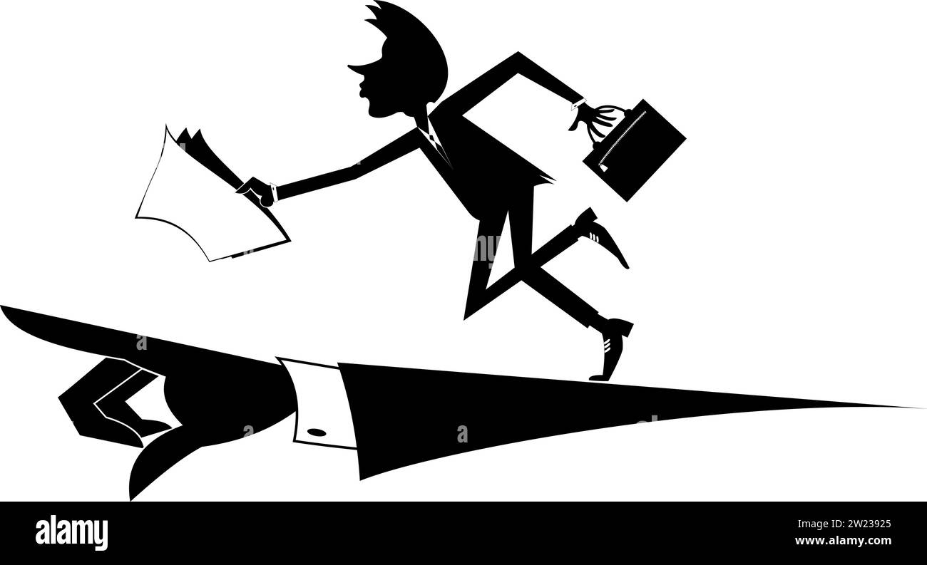 Un uomo d'affari e una mano ti indicano la direzione da seguire. Hand indica la direzione dove andare da una donna d'affari con borse e documenti. Bianco e nero Illustrazione Vettoriale