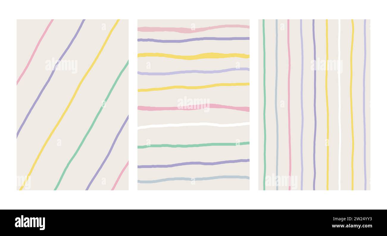 Motivi geometrici semplici disegnati a mano irregolari. Disegno semplice a scacchi con trame. Set di poster. Carta per grafici a colori pastello divertente. Illustrazione Vettoriale