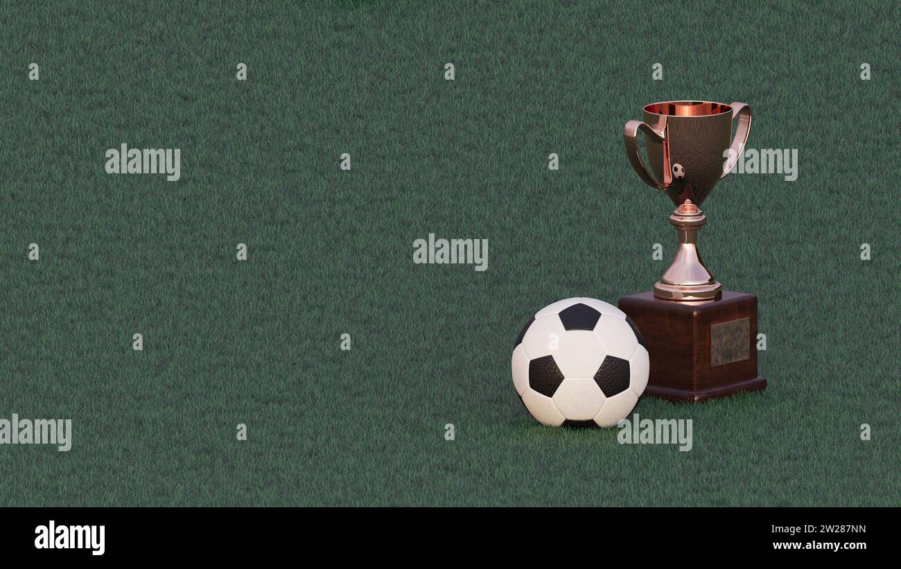 Rendering 3D: Coppa d'oro e pallone da calcio sull'erba verde di un campo da calcio. Foto Stock