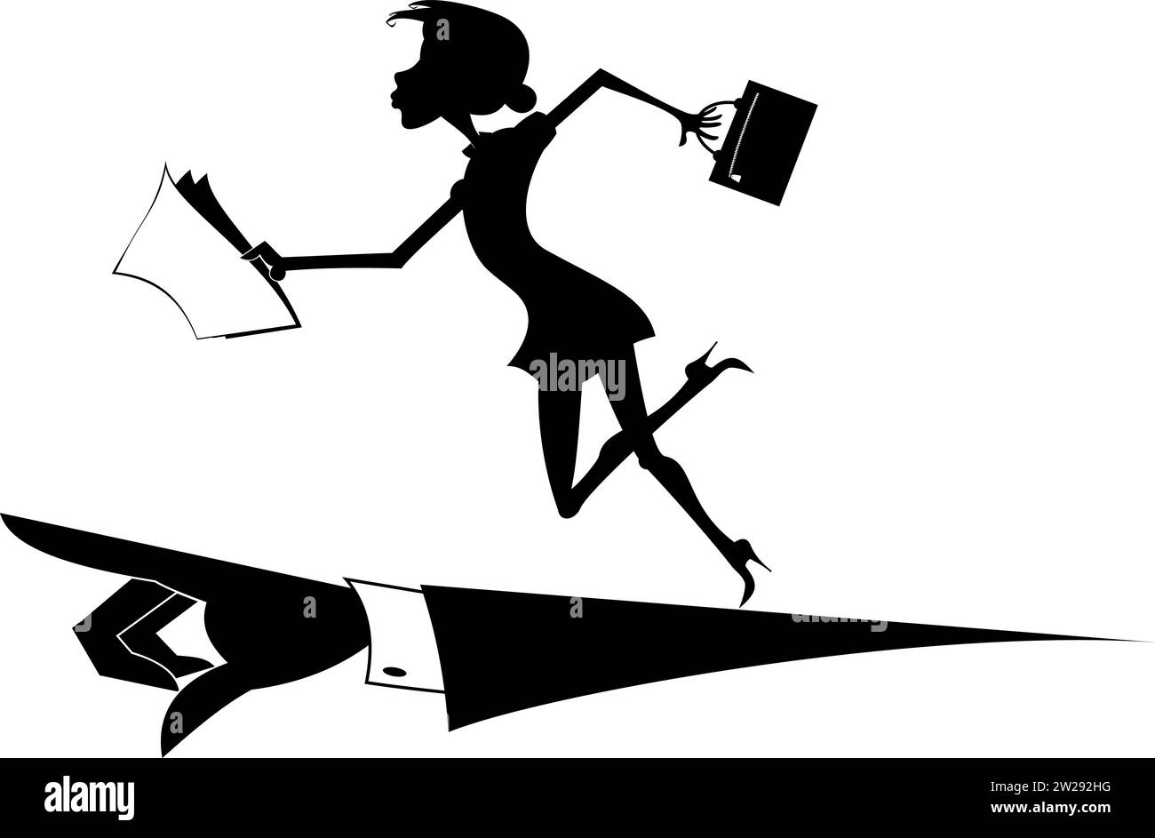 Dirigere una donna d'affari e una mano indica la direzione da seguire. La mano indica dove andare a una donna d'affari con borse e documenti. Nero e W Illustrazione Vettoriale