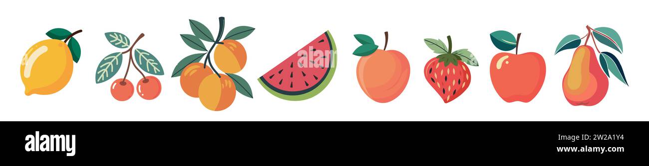 Set di icone astratte per vettori di frutta disegnate a mano. Illustrazione Vettoriale