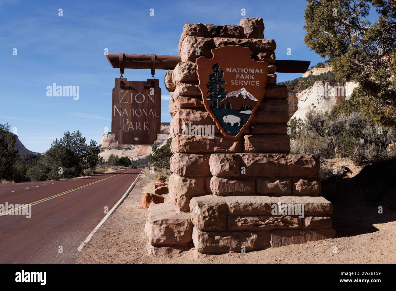 Insegna dello Zion National Park nello Utah, Stati Uniti. Immagine scattata il 10 dicembre 2023. © Belinda Jiao jiao.bilin@gmail.com 07598931257 https://www.belindaji Foto Stock