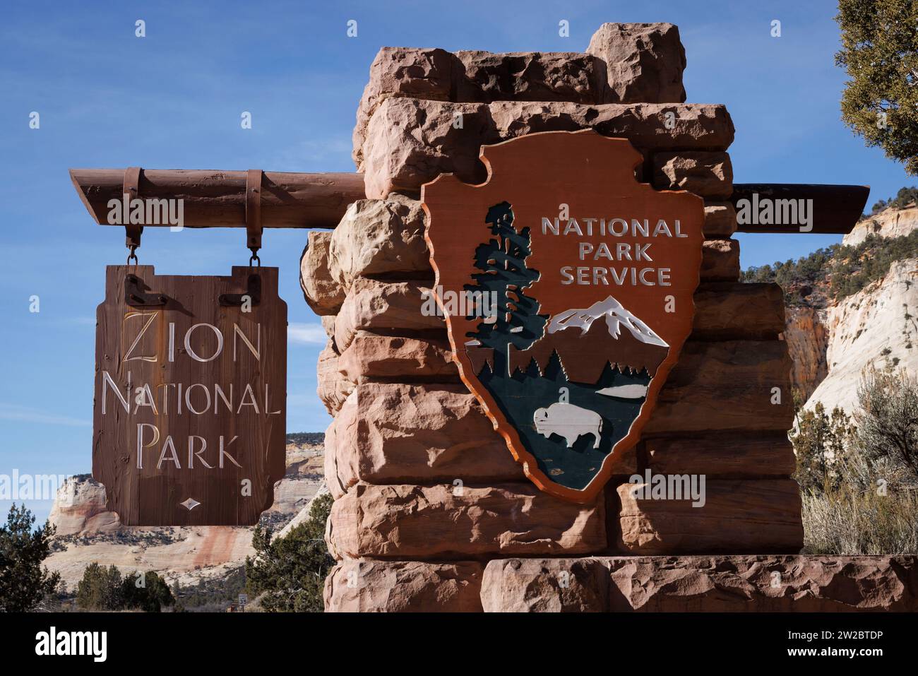Insegna dello Zion National Park nello Utah, Stati Uniti. Immagine scattata il 10 dicembre 2023. © Belinda Jiao jiao.bilin@gmail.com 07598931257 https://www.belindaji Foto Stock