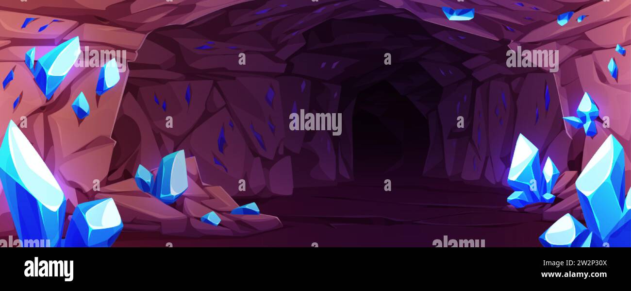 Grotta scura con pietre preziose blu sulle pareti. Cartoni animati vettoriali che illustrano il tunnel sotterraneo della miniera con scintillanti pietre diamantate, stalattite minerale rocciosa Illustrazione Vettoriale