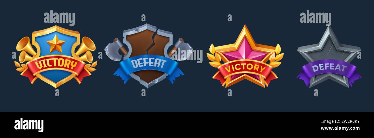Distintivi dell'interfaccia utente di gioco di vittoria e sconfitta. Set vettoriale di etichette vincenti e perdenti con nastri in forma di scudo e stella. Successo e fallimento Illustrazione Vettoriale