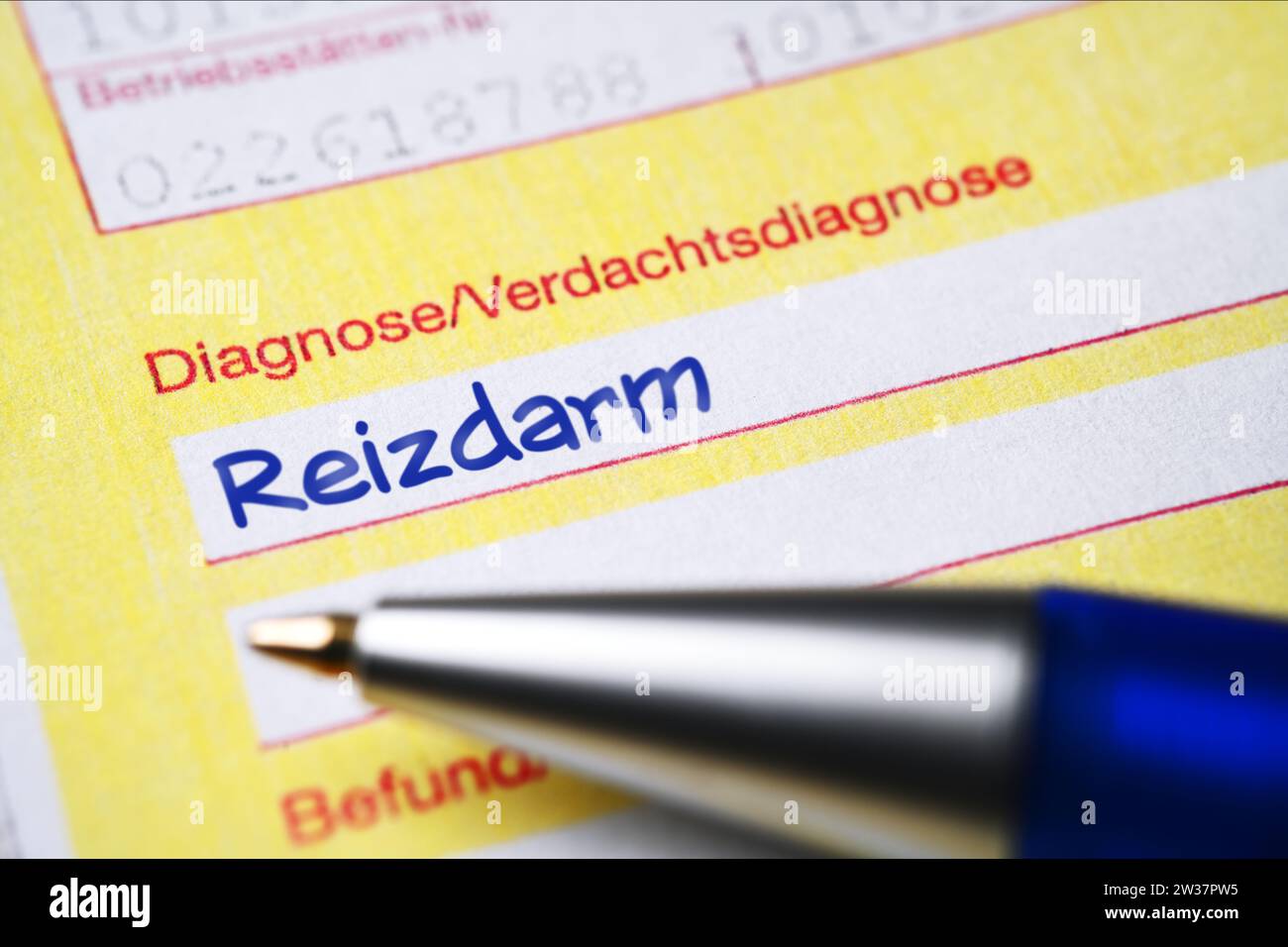 FOTOMONTAGE, Ärztlicher Überweisungsschein mit diagnosticare Reizdarm Foto Stock