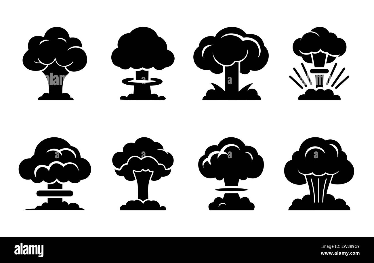 Icona del set di nuvole di funghi per esplosioni nucleari. Guerra con bombe atomiche, simbolo della fine del mondo isolato su sfondo bianco. Illustrazione vettoriale Illustrazione Vettoriale