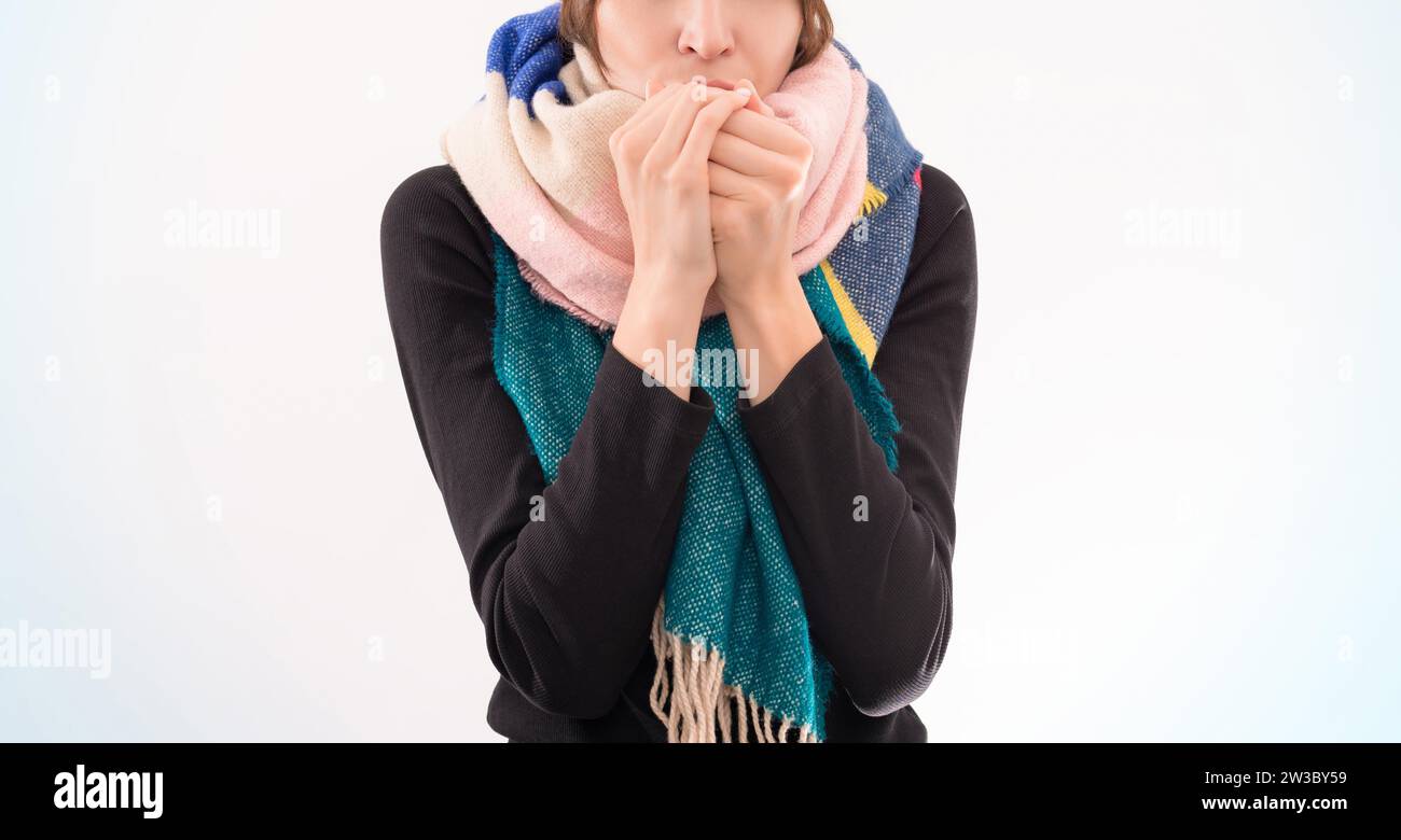 Ritratto di una donna con cappello e sciarpa invernali. Si scalda le mani con il respiro. Concetto di malattie virali. Supporti misti Foto Stock