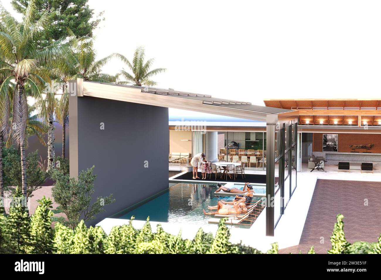 rendering 3d della piscina con copertura pergola Foto Stock
