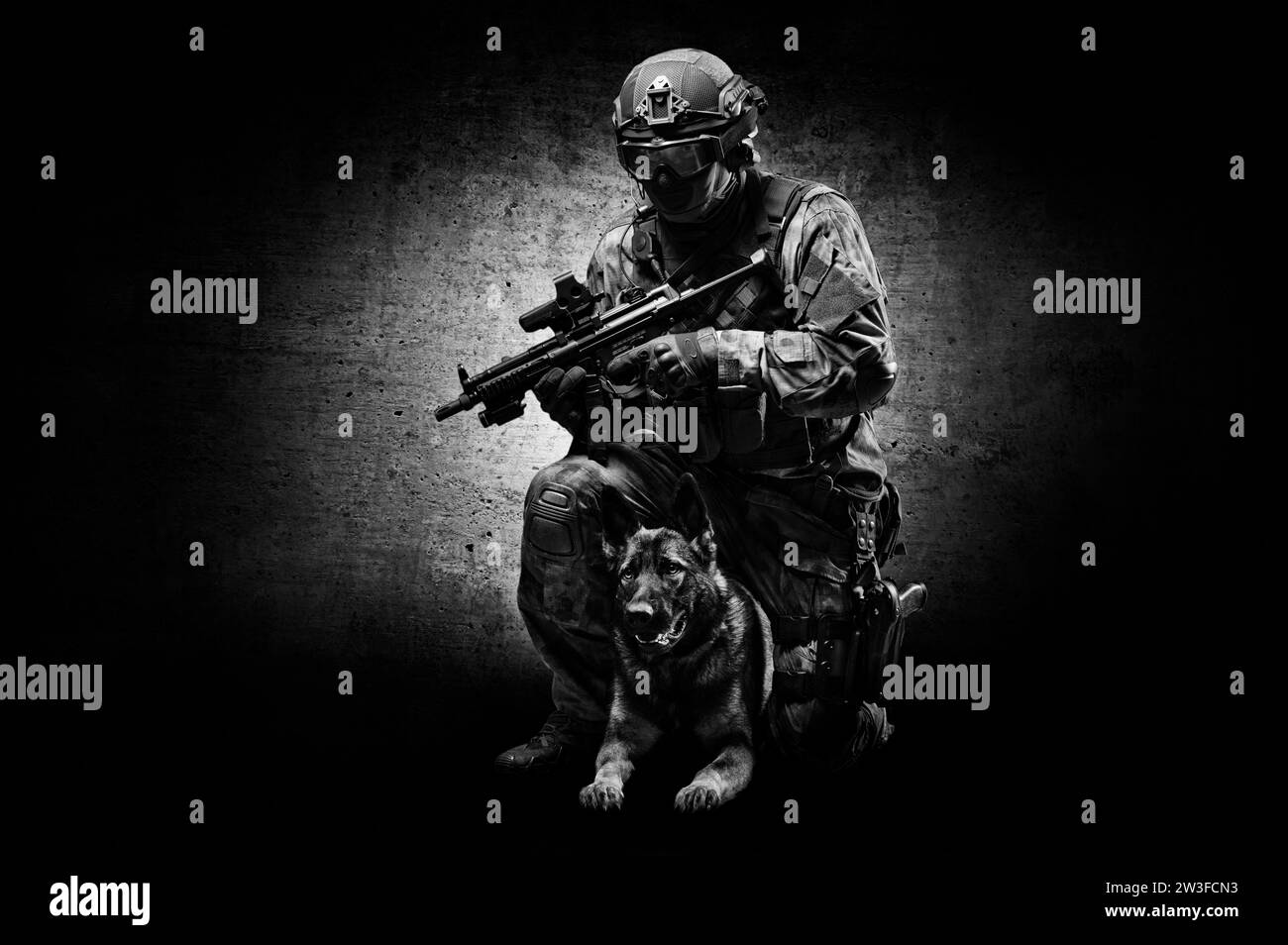 Un cane che si posa in studio con un pastore addestrato. Il concetto di protezione delle frontiere, aeroporti, sdoganamento. Supporti misti Foto Stock