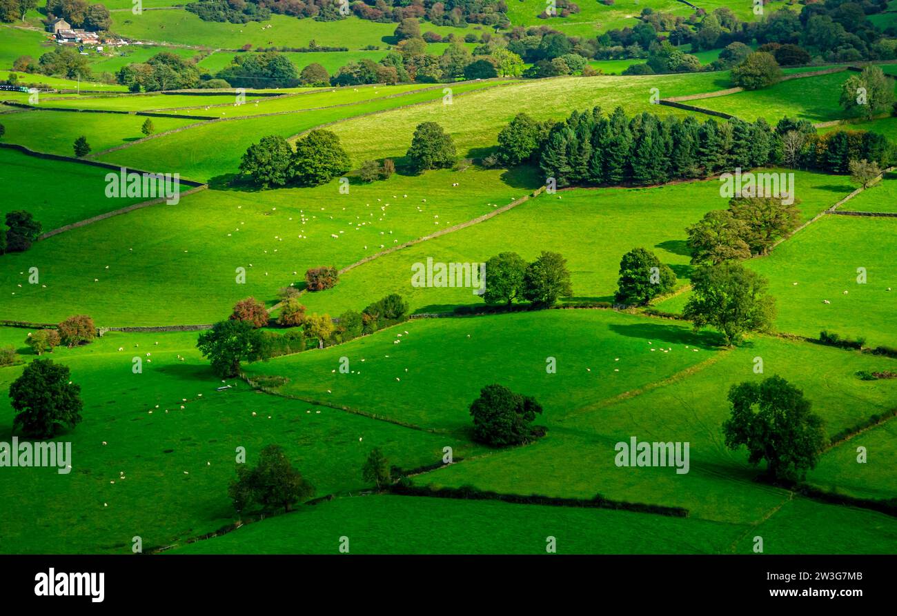 Vista su campi e terreni agricoli vicino a Rainow nel Cheshire, Inghilterra, Regno Unito, al confine occidentale del Peak District. Foto Stock