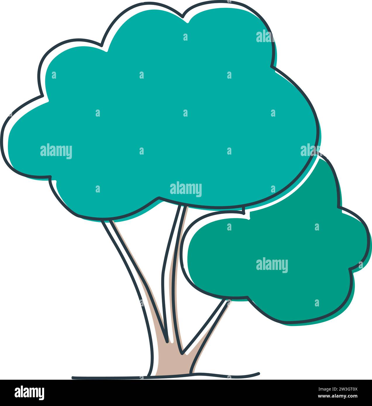 Albero con fogliame verde corona colorata stile schizzo doodle. Albero disegnato a mano semplice, illustrazione vettoriale isolata Illustrazione Vettoriale