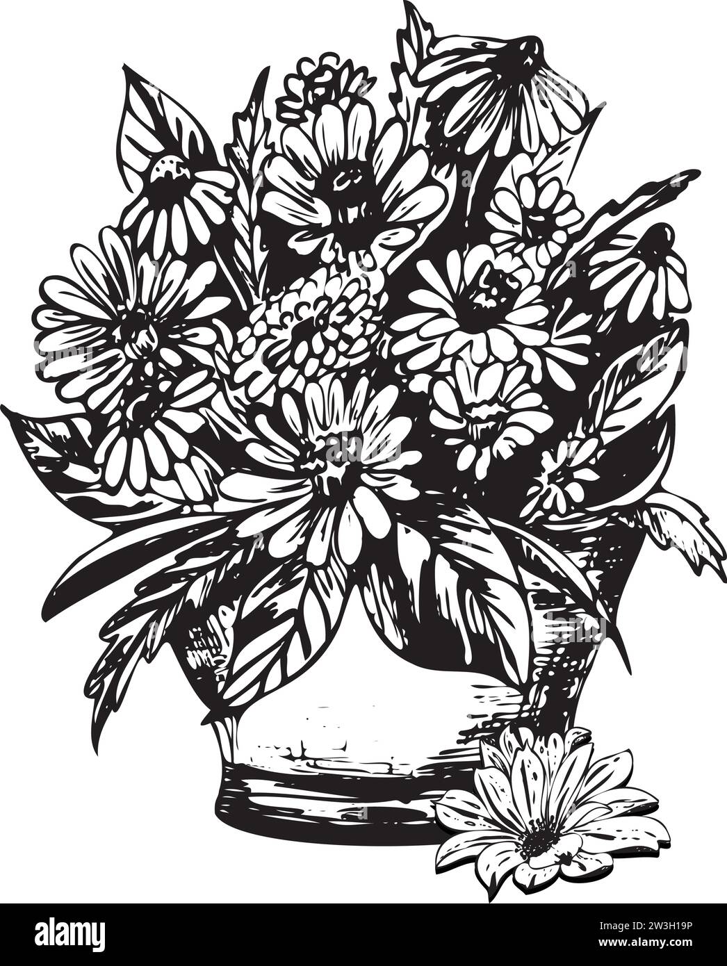 Illustrazione dell'inchiostro disegnato a mano. Vaso da giardino con fiori. Illustrazione vettoriale Illustrazione Vettoriale
