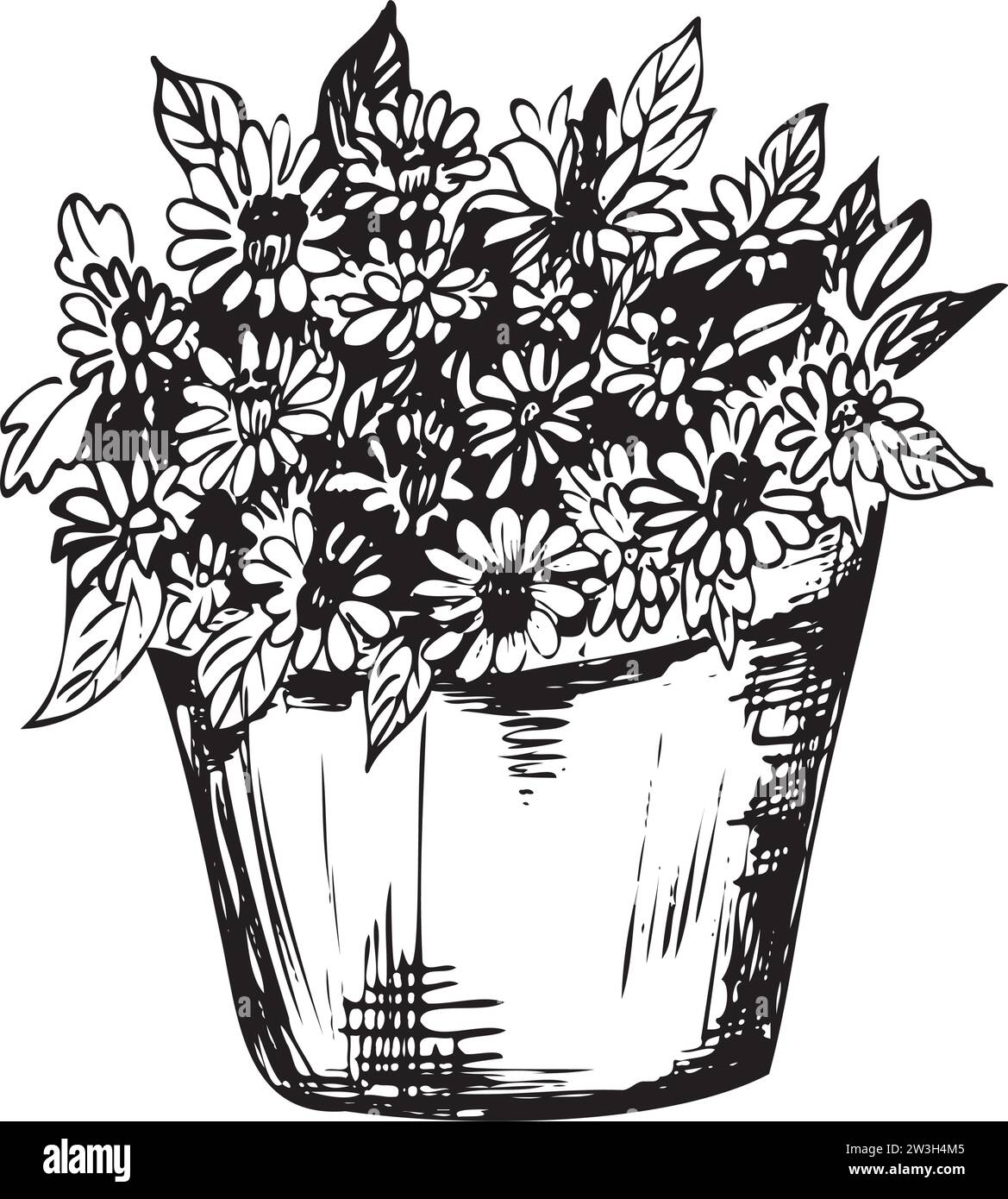 Illustrazione dell'inchiostro disegnato a mano. Vaso da giardino con fiori. Illustrazione vettoriale Illustrazione Vettoriale
