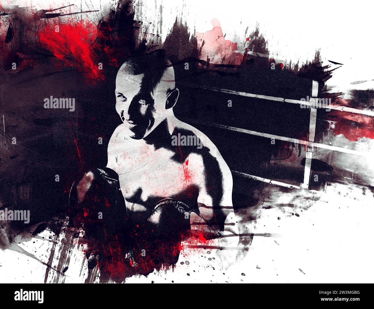 Ritratto del kickboxer che occupa un avversario sul ring. Concetto sportivo, Muay Thai. Supporti misti Foto Stock