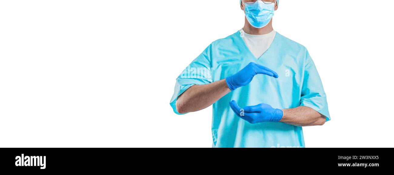 Ritratto di un medico che simboleggia la protezione contro il virus. Concetto di medicina. Supporti misti Foto Stock