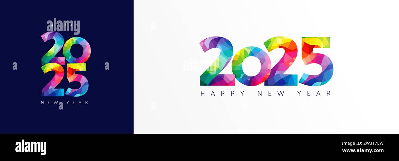 2025 Happy New Year colorata tipografia sfaccettata con logo. icona numero celebrazione capodanno 2025. Illustrazione vettoriale Illustrazione Vettoriale