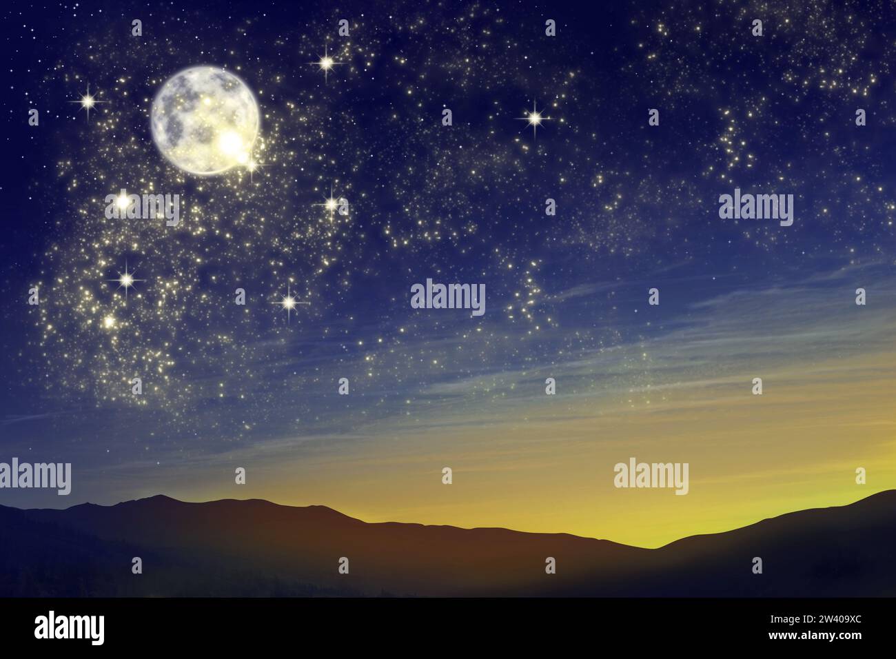 Splendido paesaggio con luna piena nel cielo stellato di notte Foto Stock