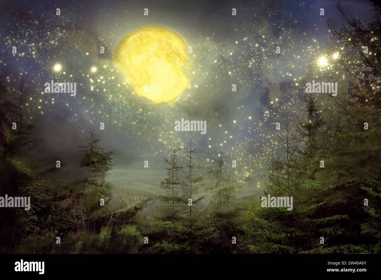 Bella luna piena nel cielo stellato sopra la foresta di notte Foto Stock