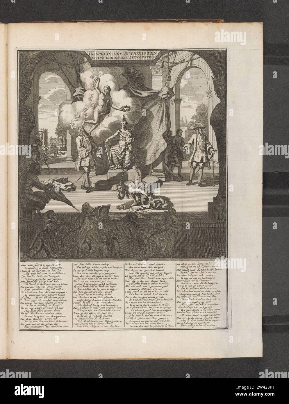 La South Sea Company con l'avidità su una catena, 1720, 1720 Teatro sul quale le personificazioni della South Sea compagnie e dei credenti di Liche sono sul trono e mantengono l'avidità su una catena. Goldness mangia le tue monete e distribuisce azioni di carta. In primo piano e ai lati commercianti di vento, tra le nuvole, fortuna si disperde di carte. Con didascalia in quattro colonne. Stampa nella quarta edizione rilegata (304 B 12) della grande scena della follia con cartoni animati sul commercio eolico o sul commercio d'azione del 1720. Teatro di incisione della carta dei Paesi Bassi del Nord su cui le personificazioni del South Sea Compag Foto Stock