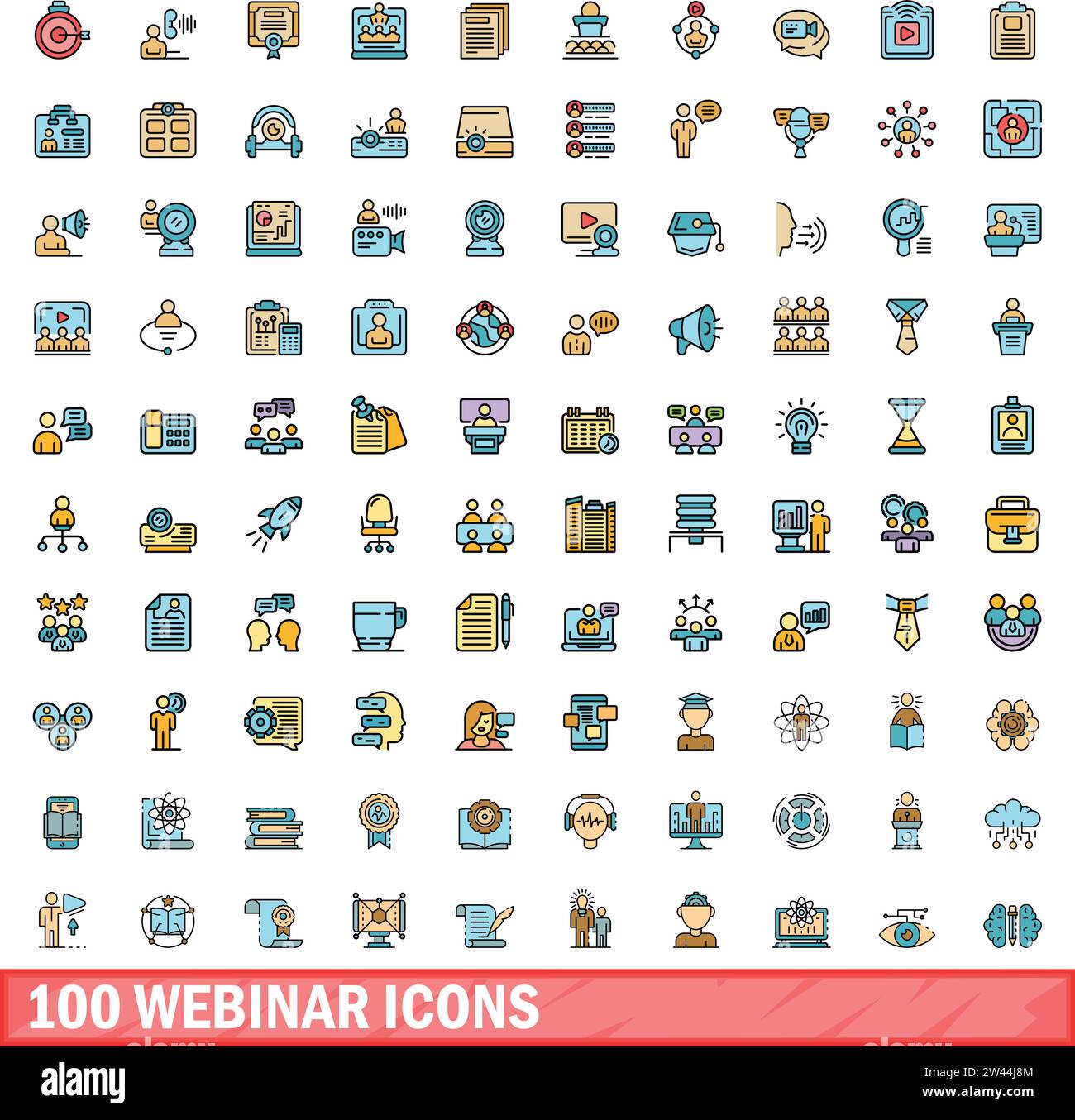 100 serie di icone del webinar. Set di linee di colori delle icone dei vettori dei webinar colore delle linee sottili piatto su bianco Illustrazione Vettoriale