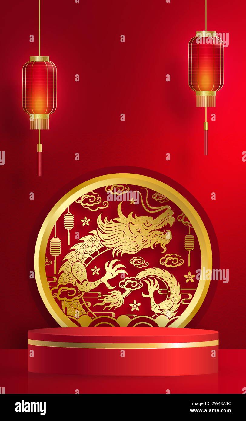 3d Podium round stage per Happy Chinese New Year 2024 Dragon Zodiac sign, su sfondo a colori (traduzione cinese: Happy New Year 2024, Year of Drago Illustrazione Vettoriale