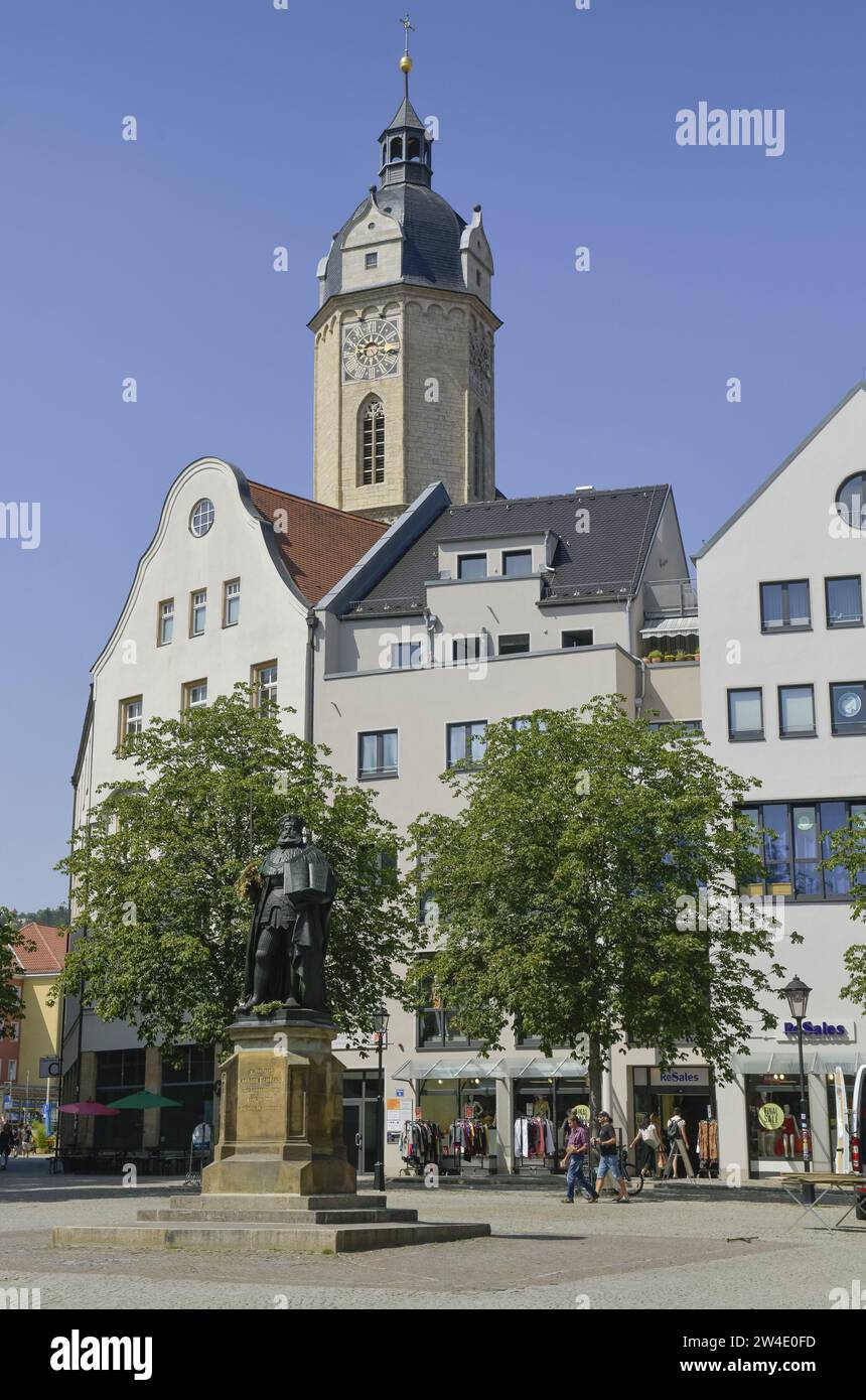 Hanfried, Bronzestandbild Kurfürst und Universitätsgründer, Johann Friedrich der Großmütige, Markt, Jena, Thüringen, Deutschland Foto Stock