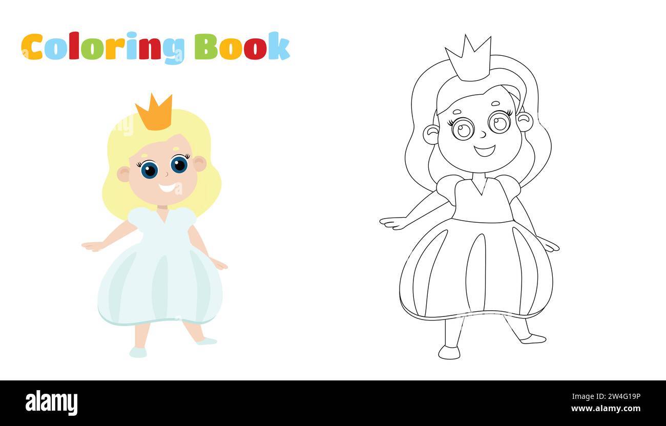 Pagina colorante. Piccola principessa in corona in stile cartoni animati isolata su sfondo bianco. La ragazza ha i capelli biondi e un vestito lussureggiante. Illustrazione Vettoriale