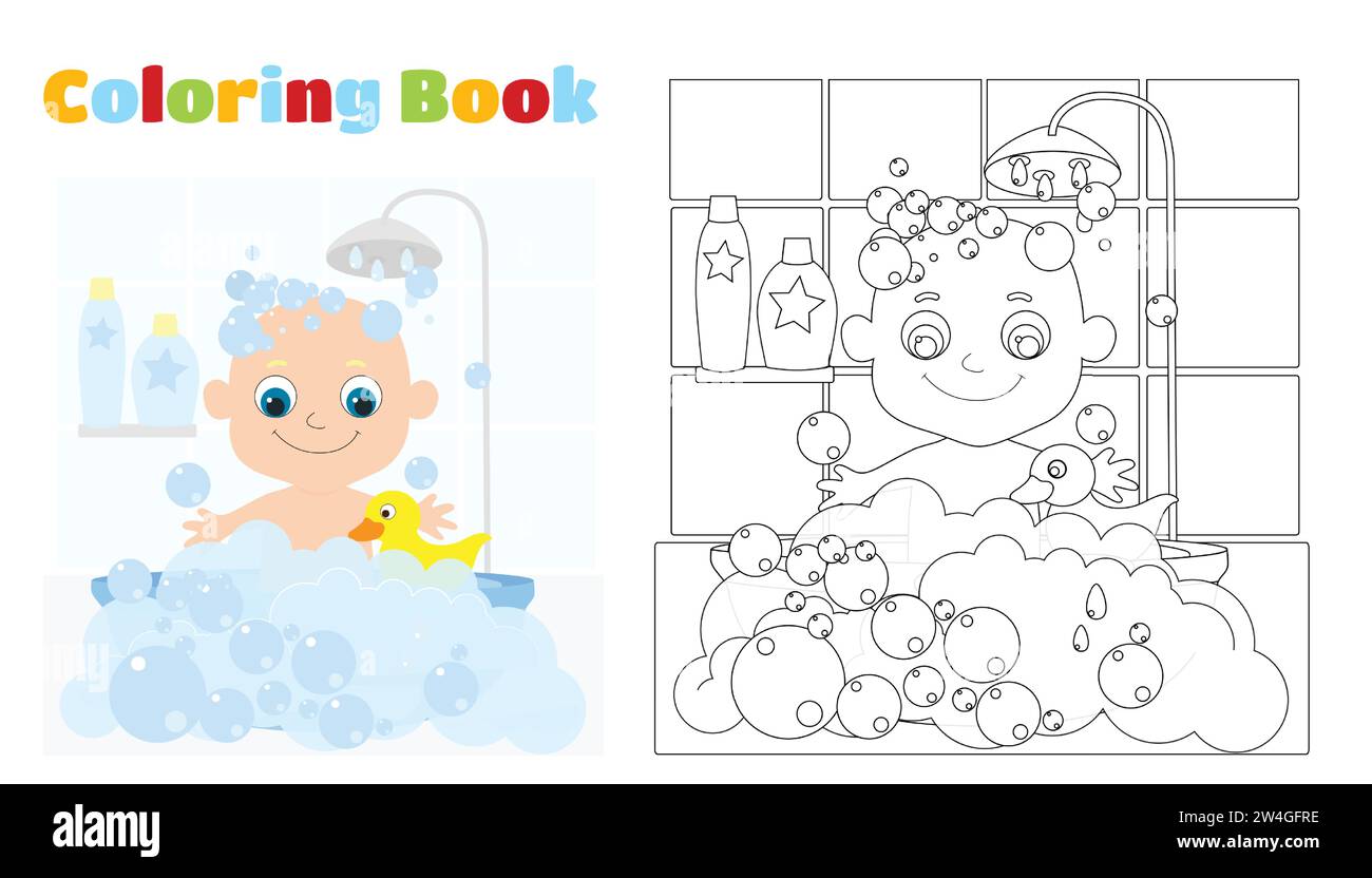 Libro colorante. Un bambino piccolo, neonato o primo anno di vita, si bagna in una vasca piena di bolle di sapone. Il bambino è allegro, sorridente, un gillo di gomma Illustrazione Vettoriale