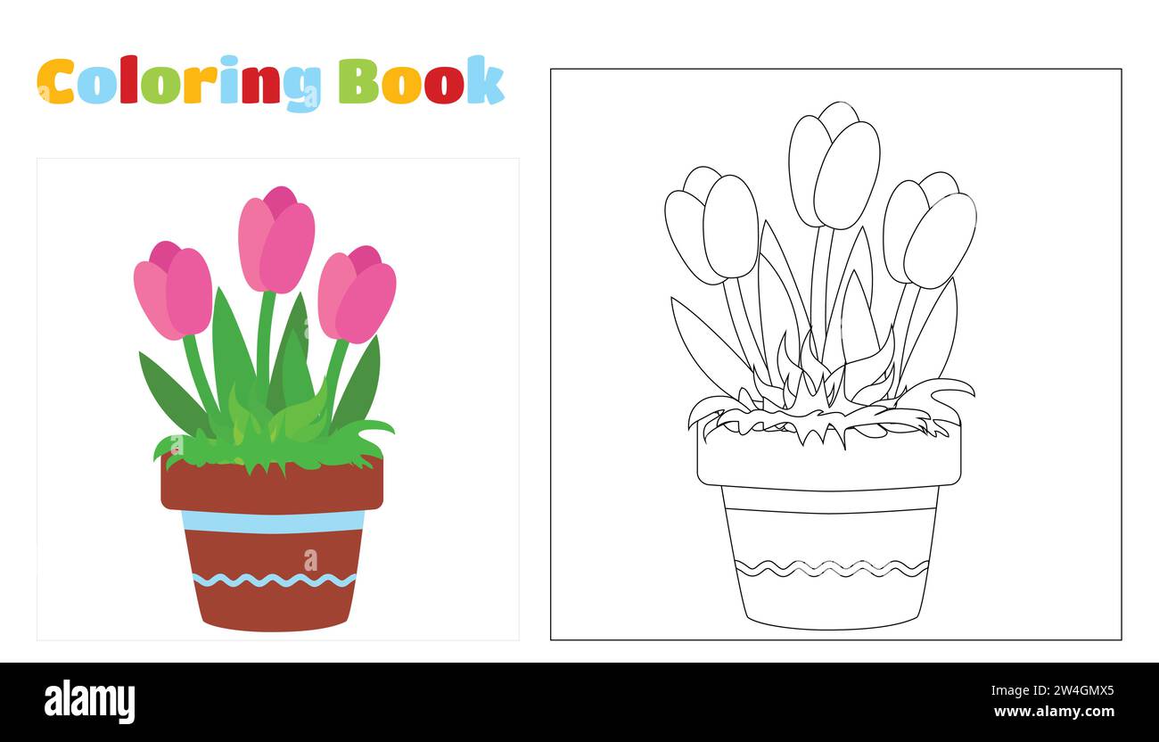 Pagina colorante. Tulipani rosa in un recipiente marrone in ceramica con una linea retta blu e una striscia avvolgente in cima. Piante in crescita hobby in stile cartone animato. Illustrazione Vettoriale