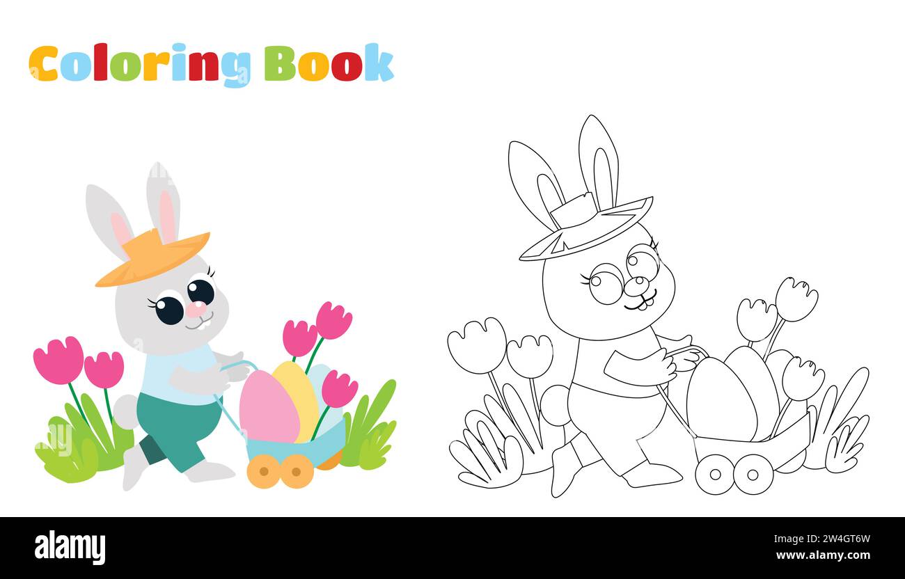 Pagina da colorare. Il piccolo carino coniglietto pasquale porta uova colorate in un carrello. Grande illustrazione in stile cartoni animati per i bambini. Illustrazione Vettoriale