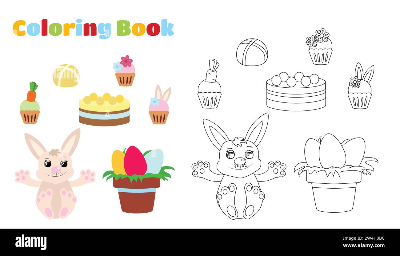 Pagina da colorare. Set pasquale con muffin, coniglio, torta, panino e pentola con uova. Illustrazione Vettoriale