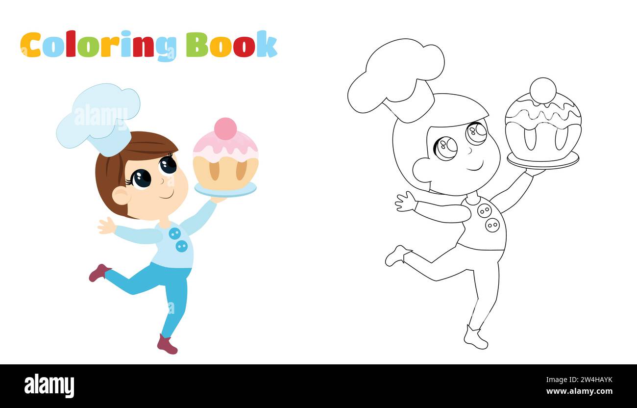 Libro colorante. Un bambino piccolo corre e porta in mano un enorme e gustoso muffin. Simpatico personaggio in stile cartone animato. Illustrazione Vettoriale