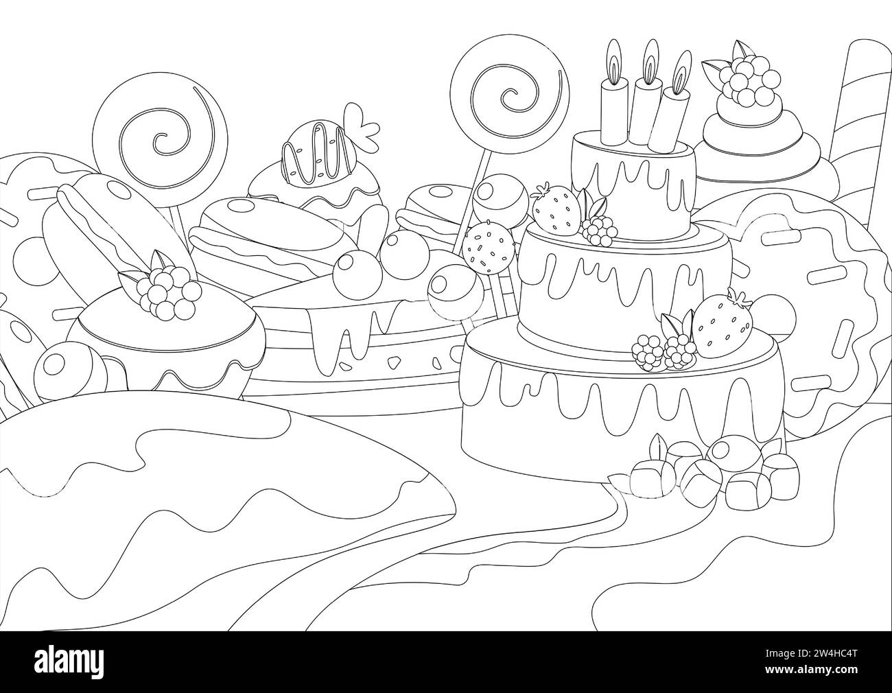 Pagina da colorare. Set Panorama di dolci con candele, macaron, ciambelle, lecca lecca, muffin in stile cartone animato. Illustrazione Vettoriale
