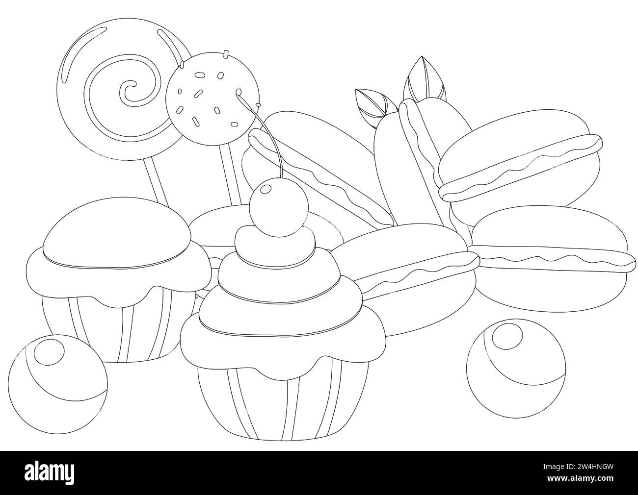Pagina da colorare. Dolci ciambelle, muffin, lecca lecca, macaron. Illustrazione con striscione orizzontale di dolci in stile cartone animato. Illustrazione Vettoriale