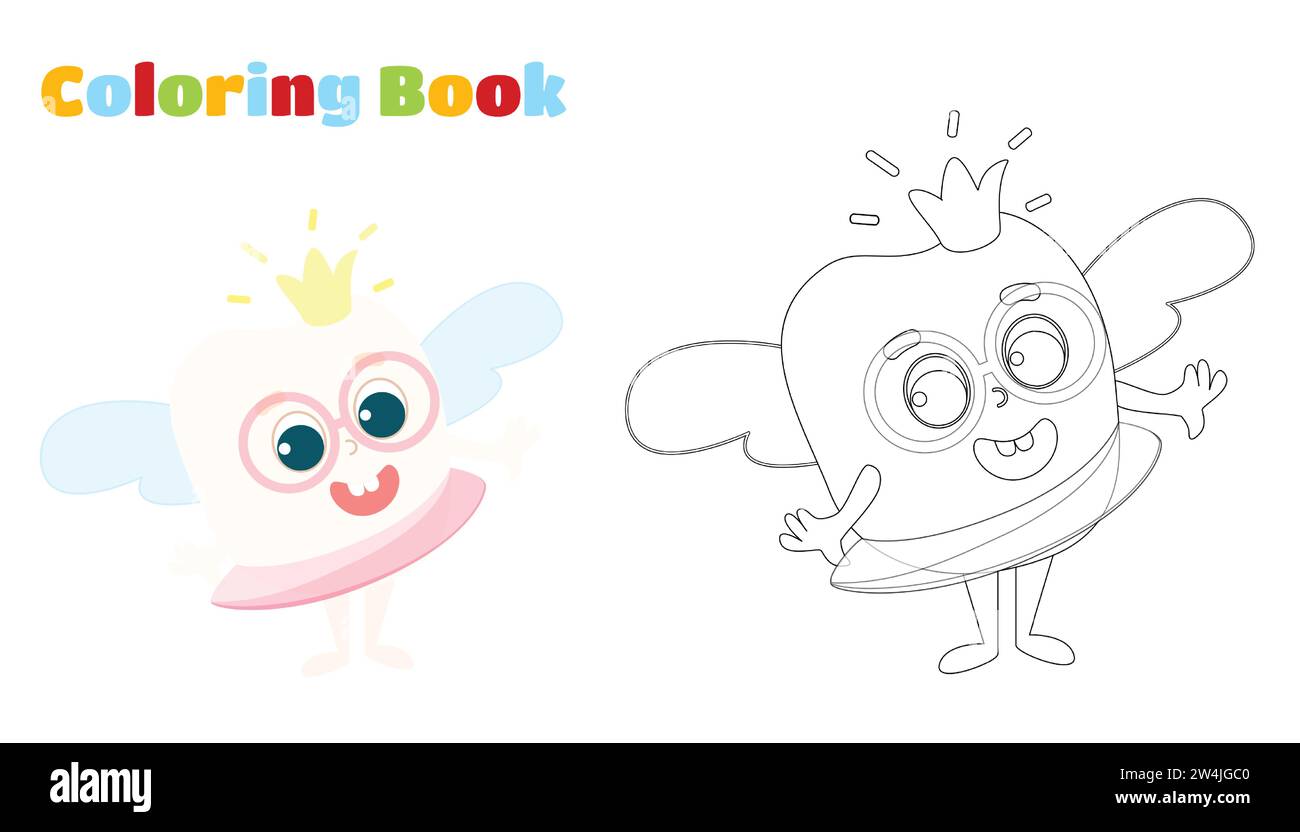 Pagina da colorare. Fata dente. Un dente molto carino con ali, una corona e una bacchetta magica. Illustrazione in stile bambino. Illustrazione Vettoriale