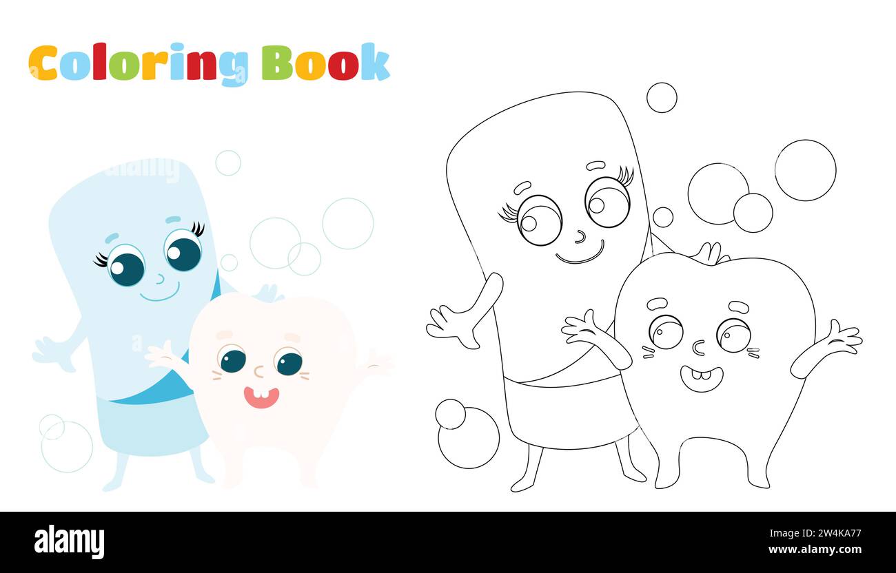 Pagina da colorare. Dentifricio e allegro dente sano del bambino. Personaggi carini per mantenere la bocca dei bambini igienica. Illustrazione Vettoriale