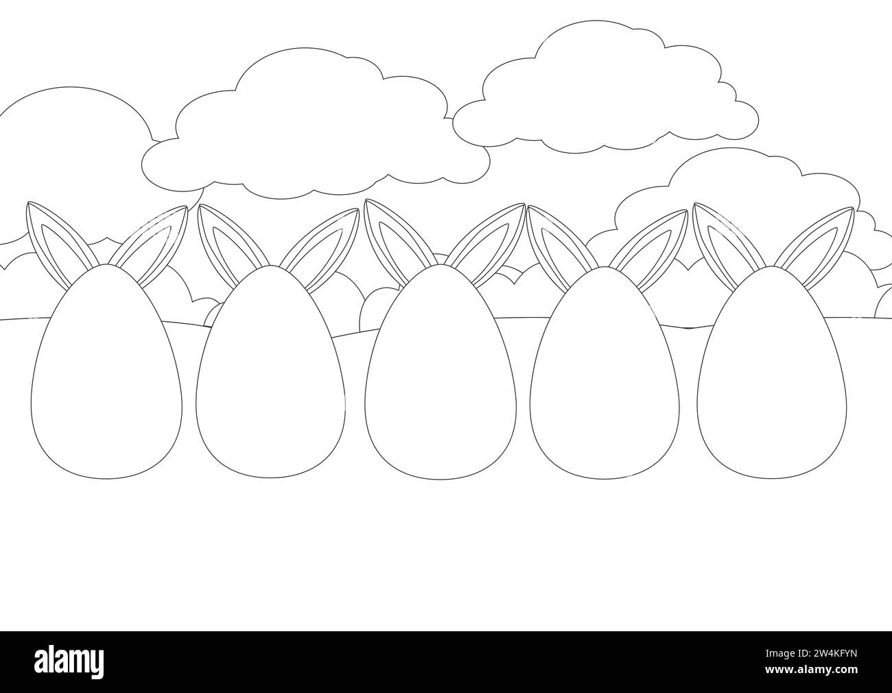 Pagina da colorare. Grandi uova dipinte si stagliano sull'erba verde e le orecchie del Coniglio pasquale sporgono da dietro. Uno striscione orizzontale lungo . Illustrazione Vettoriale