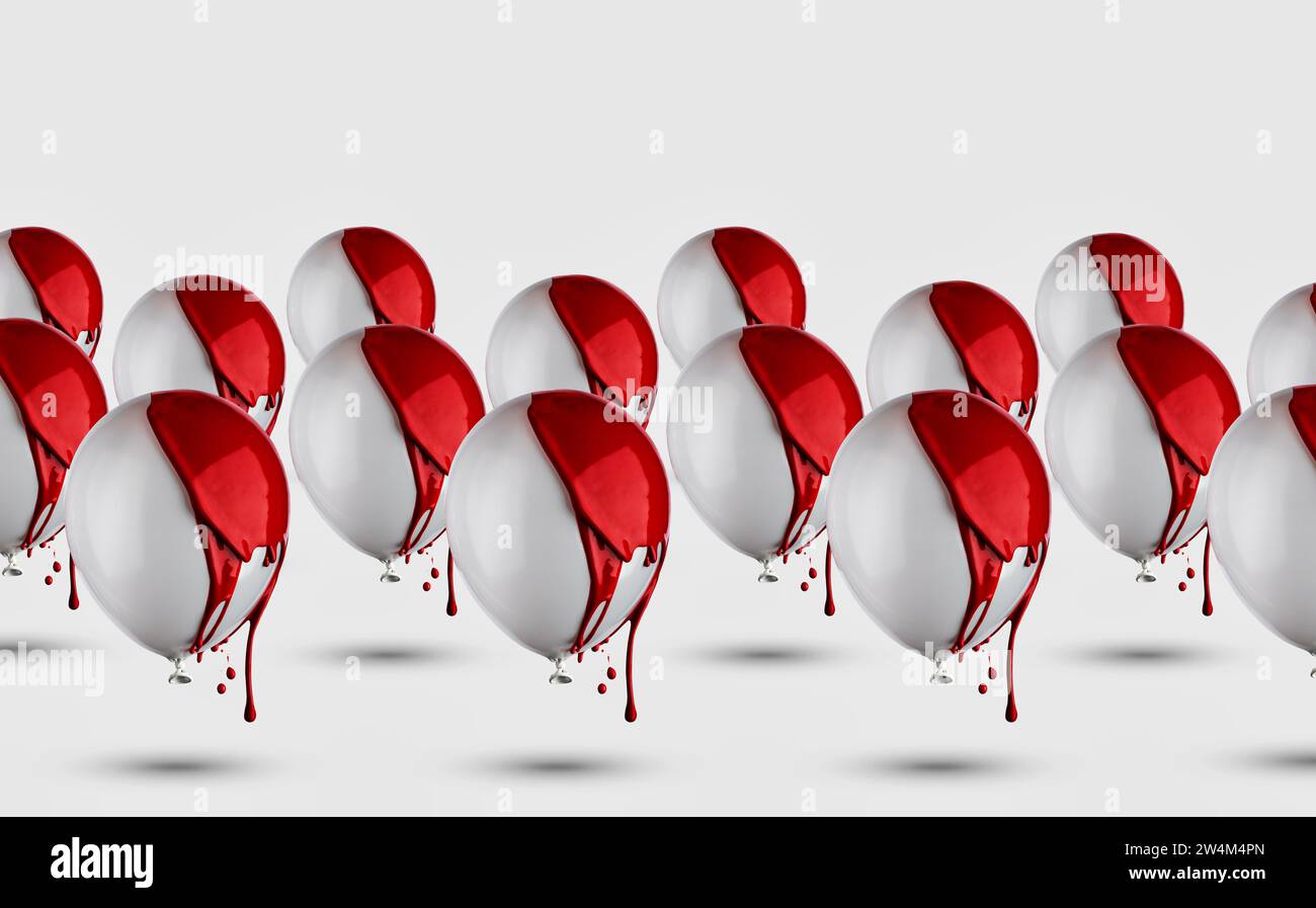 Palloncini grigi con motivo di gocciolamento di vernice rossa su sfondo bianco. Foto Stock