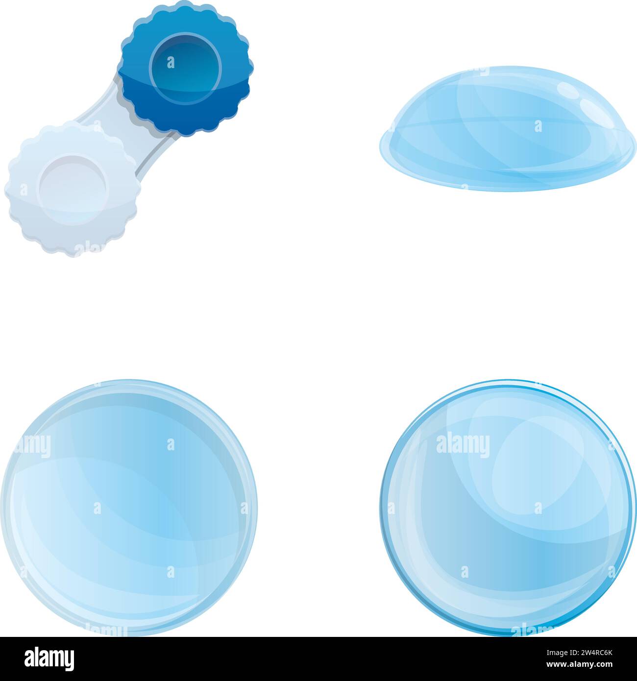Le icone degli obiettivi per gli occhi impostano il vettore dei cartoni animati. Lenti a contatto con contenitore in plastica. Medicina, oftalmologia Illustrazione Vettoriale