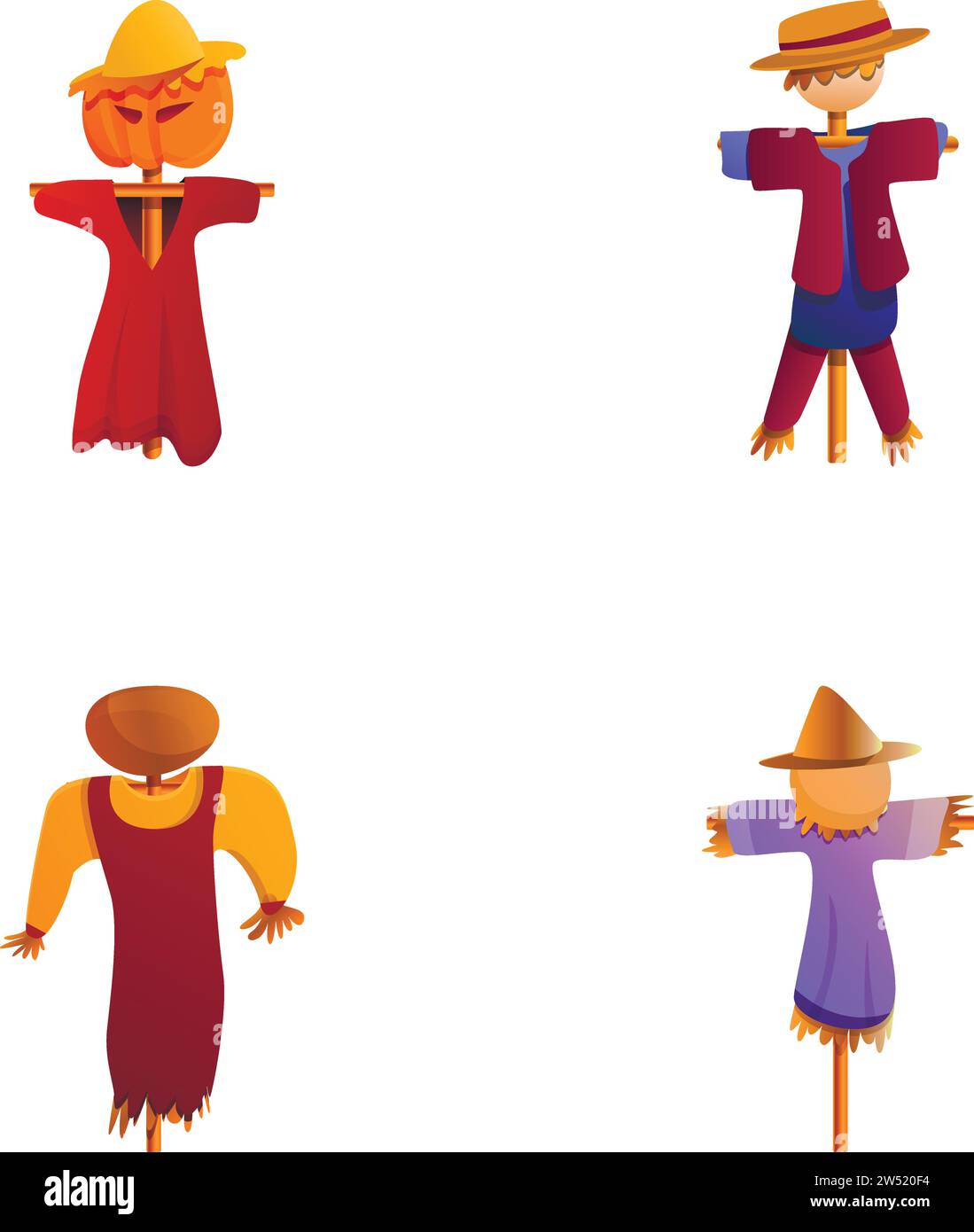 Le icone dello Spaventapasseri impostano il vettore dei cartoni animati. Divertente spaventapasseri. Personaggio dei cartoni animati Illustrazione Vettoriale
