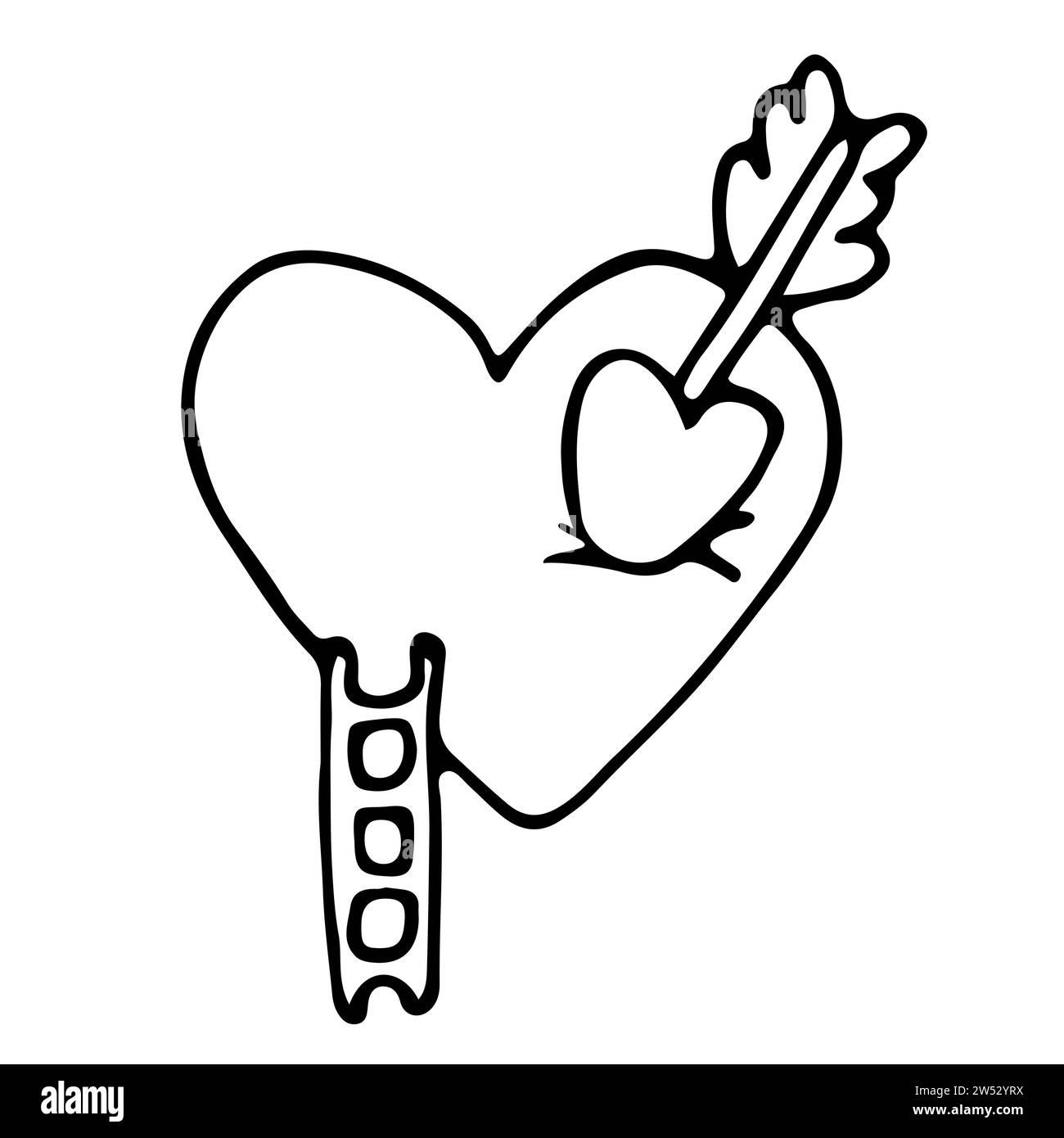 Doodle Heart con una freccia e una scala attaccata accanto ad essa. Lo schizzo vettoriale illustra il concetto di relazioni amorose, percorsi verso il cuore e la p Illustrazione Vettoriale
