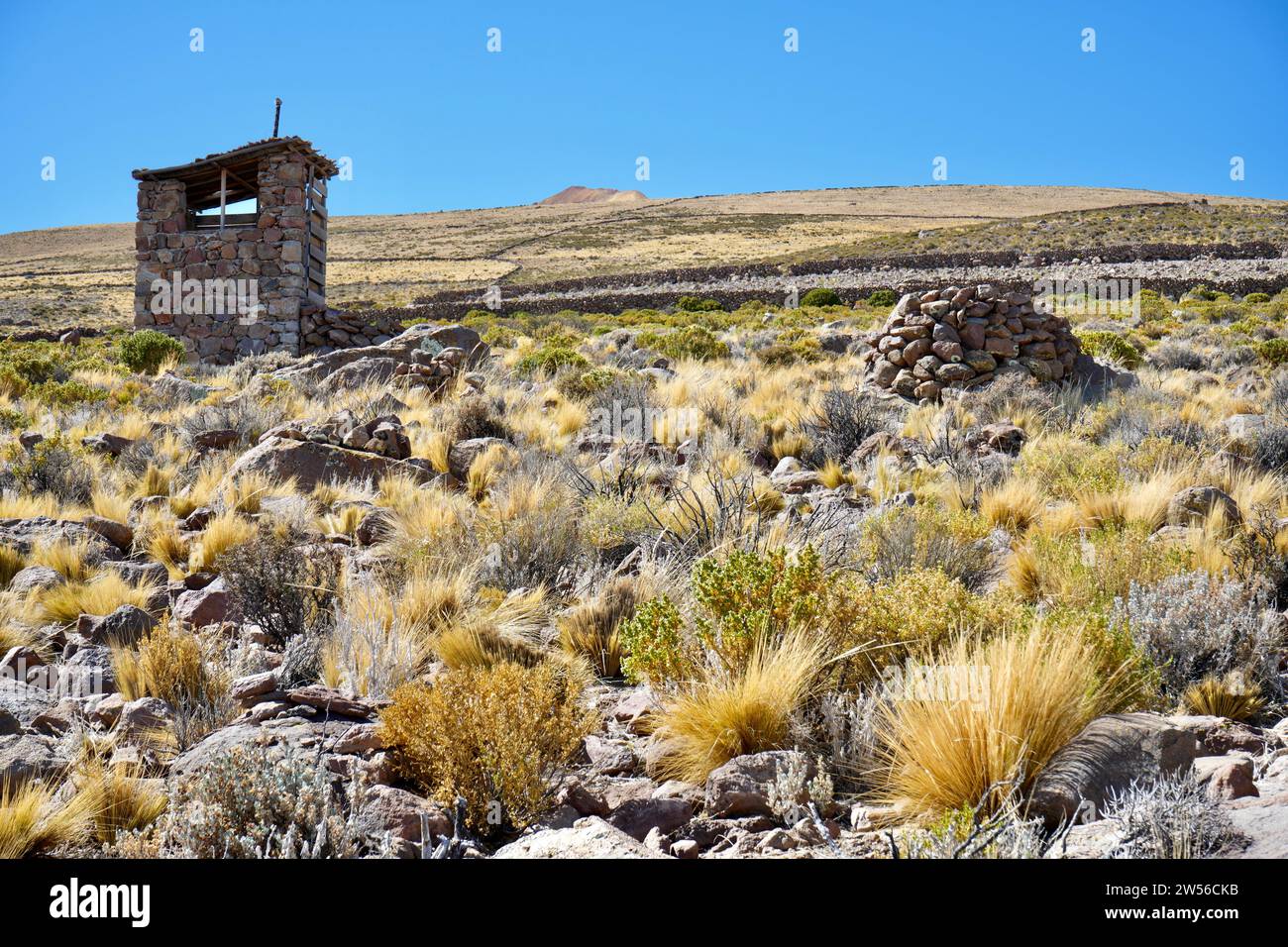 Struttura in pietra sulle pendici sotto il vulcano Tunupa. Coqueza Canton, Bolivia. Foto Stock